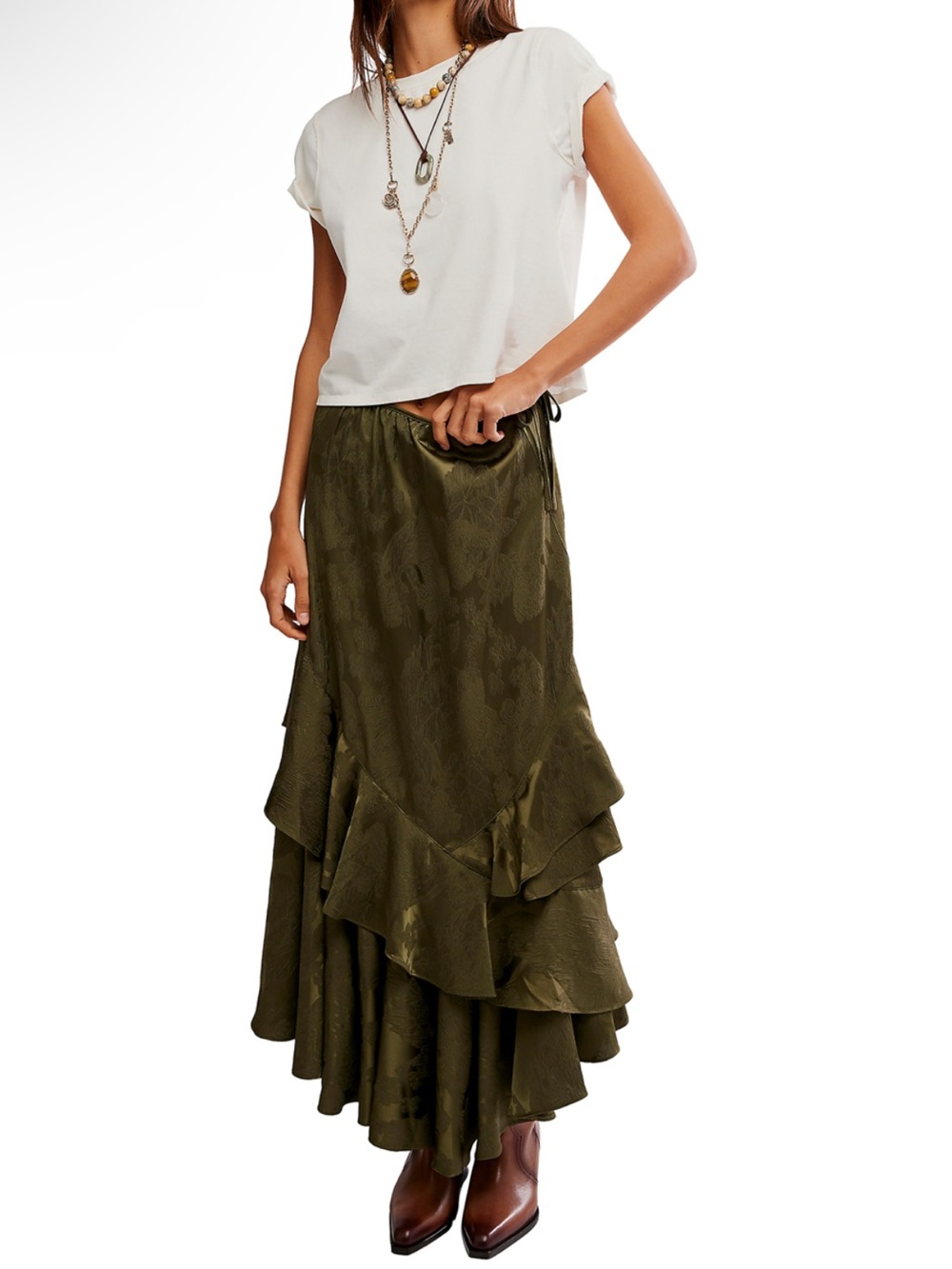 Free People Olive Green Sz 4 Jaquard Asymmetrical Tiered Midi Skirt NWT